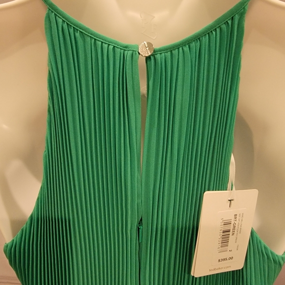 TED BAKER Nellina Pleated Midi Dip Asymmetrical Hem Green Color Block Dress $395 - Picture 10 of 17